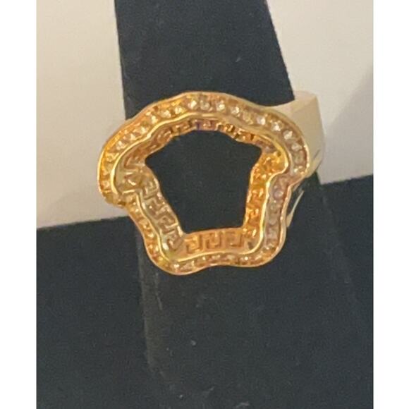 Versace Gold Color Metal & Crystal Medusa Head Curve Ring - SZ 7.25/7.5 - Unisex - Picture 2 of 9